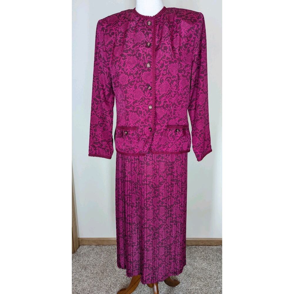 Vintage Andrea Gayle Womens 6 Pink Floral Satin Pleated Skirt Button Blouse Set